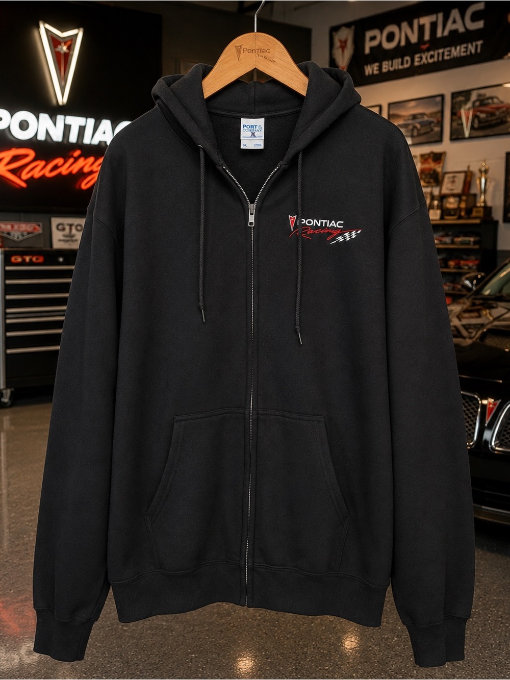 Pontiac Racing Full Zip Hoodie XL Big Logo Black GM Motorsports